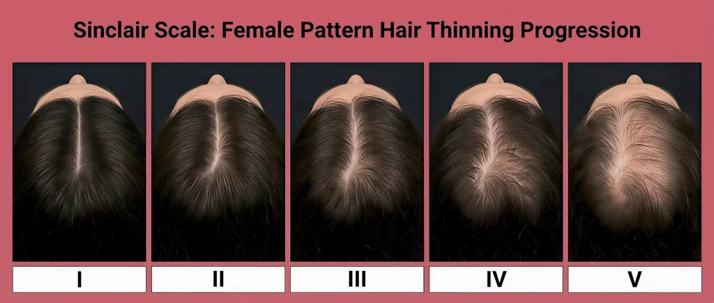 Sinclair scale showing female pattern hair thinning progression from grade I to grade V
